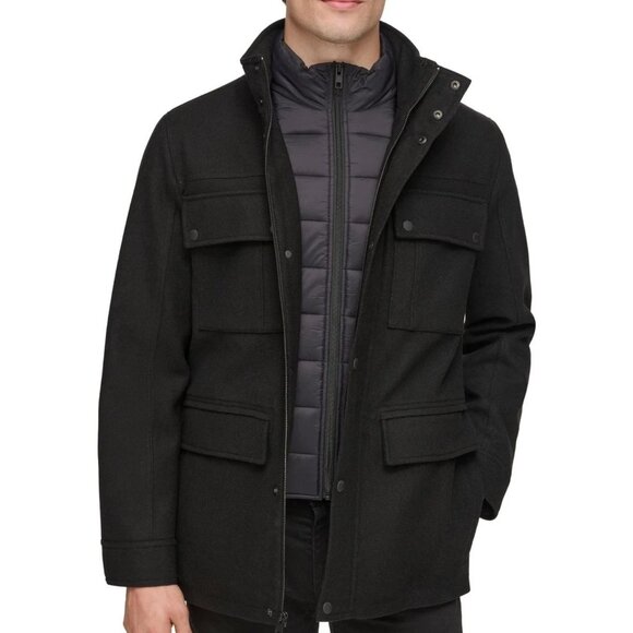 GUESS Men's Quilted Puffer Bib Coat, Black, Large Wool Blend Winter Jacket - Picture 1 of 4